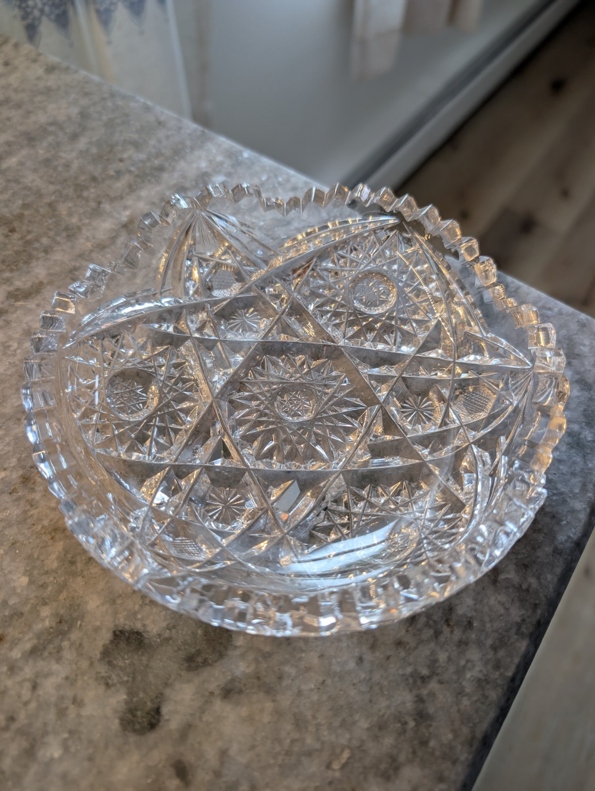 American Brilliant Hobstar Cut Crystal Sawtooth Edge Low Bowl 6″