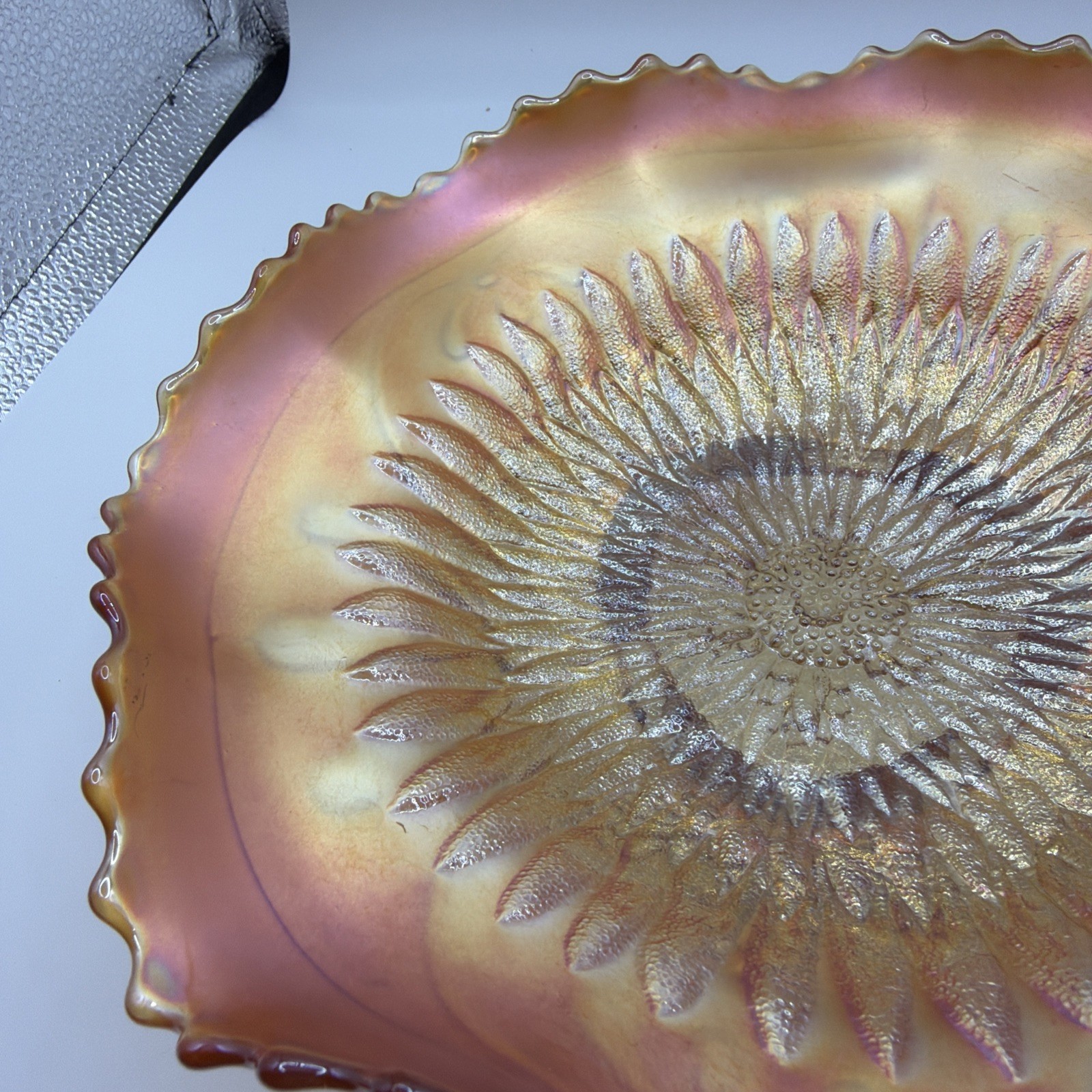 Northwood Pumpkin Marigold Sunflower Spatula Ftd Carnival Glass Bowl 9”