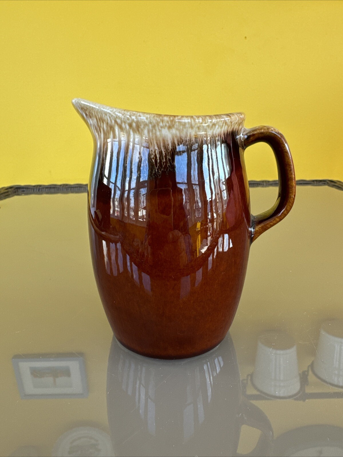 Vintage Hull Pottery Brown Stoneware Drip Glaze Pitcher Style Creamer 4.25”