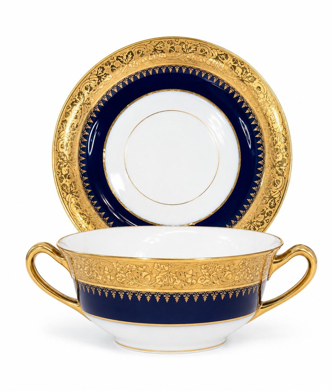 Antique P. Porschaud Limoges France Consommé Cup & Saucer Cobalt Blue Heavy Gilt
