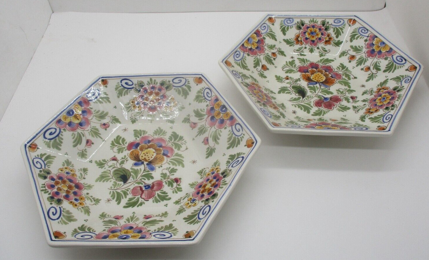 2 Vintage DP Delft Hexagon Floral 9″ Bowls