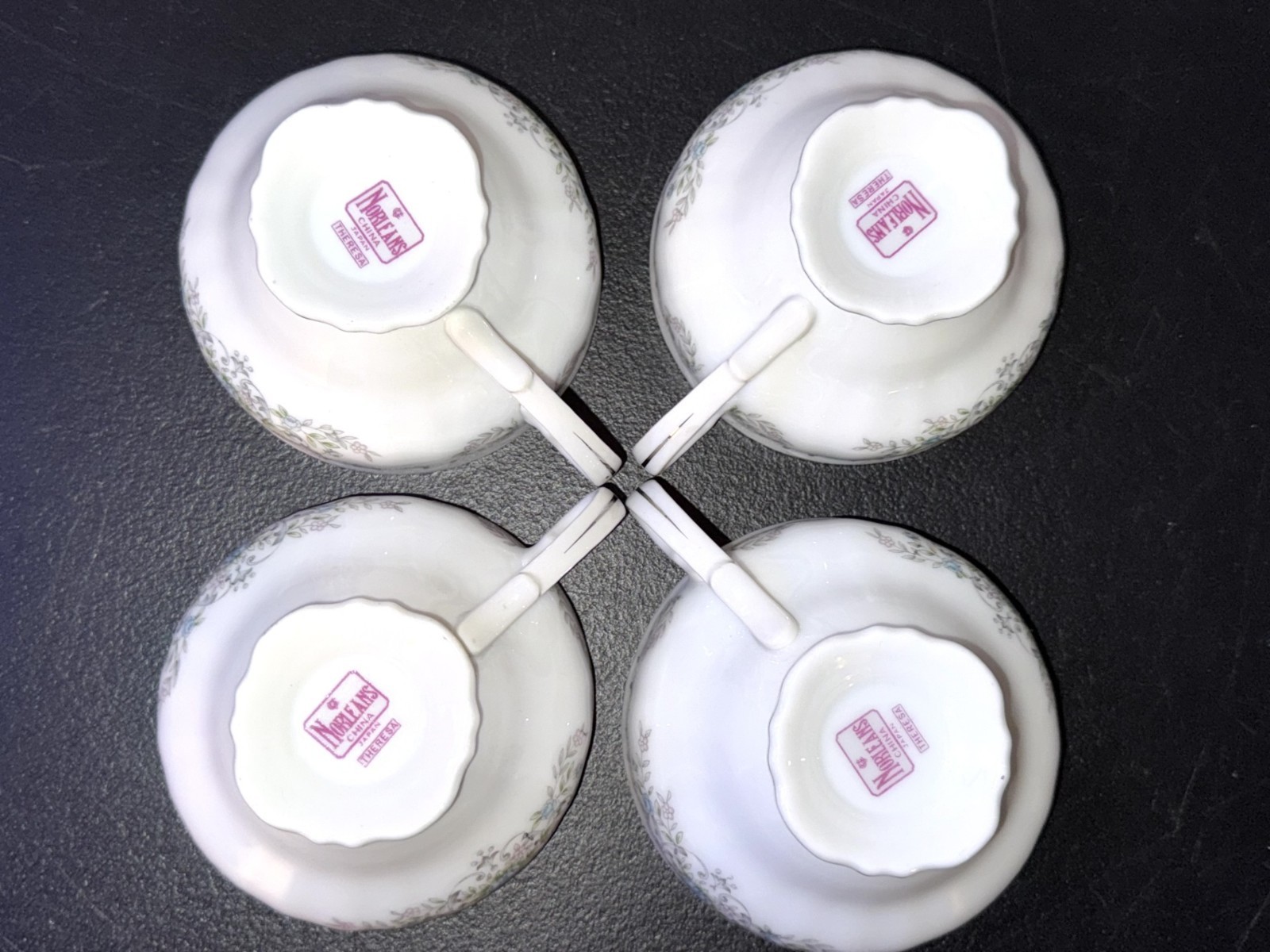 VINTAGE 8 pc NORLEANS THERESA JAPAN 4 CUPS 4 SAUCERS FINE CHINA PLATINUM 1964-