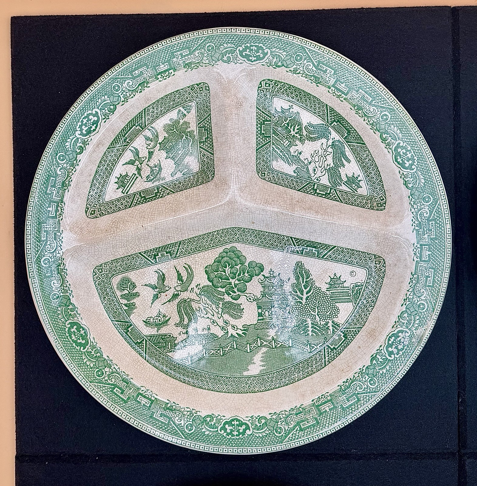 Vintage Romarco Ware Green Willow Divided Grill Plate 1950’s England (4 Pcs)