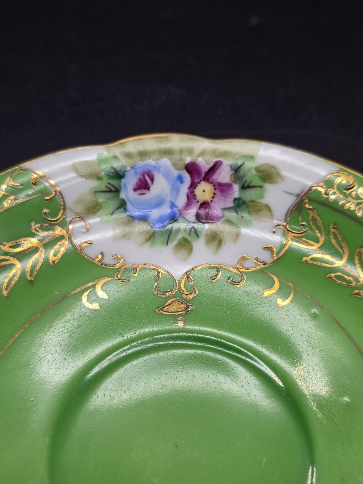 VTG Handpainted Green Floral Gold Laurel Saucer Made in Occupied Japan
