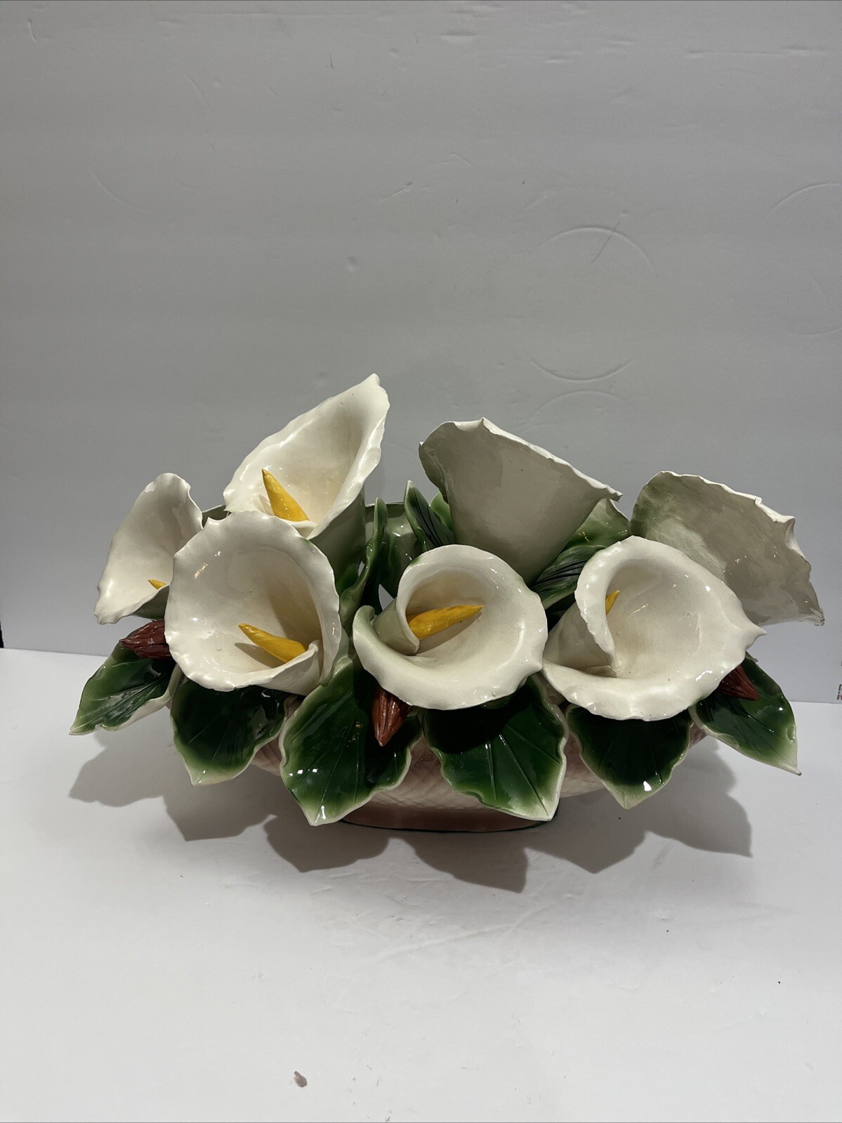 Vintage Capodimonte Porcelain Calla Lily Flower Basket Centerpiece Italy Large