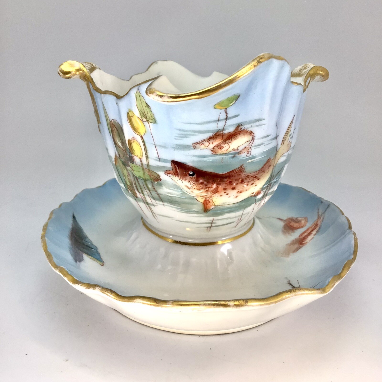 Wm Guerin Limoges Fish Gravy Sauce Boat Attached Underplate Hand Painted France