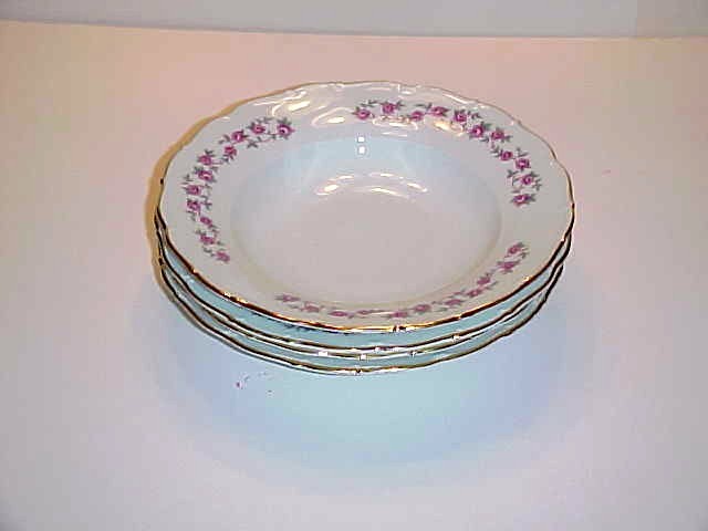 Porcelain Czechoslovakia CZE9 Pattern Pink Rose Garland Rim Soup Bowl Set 4-of