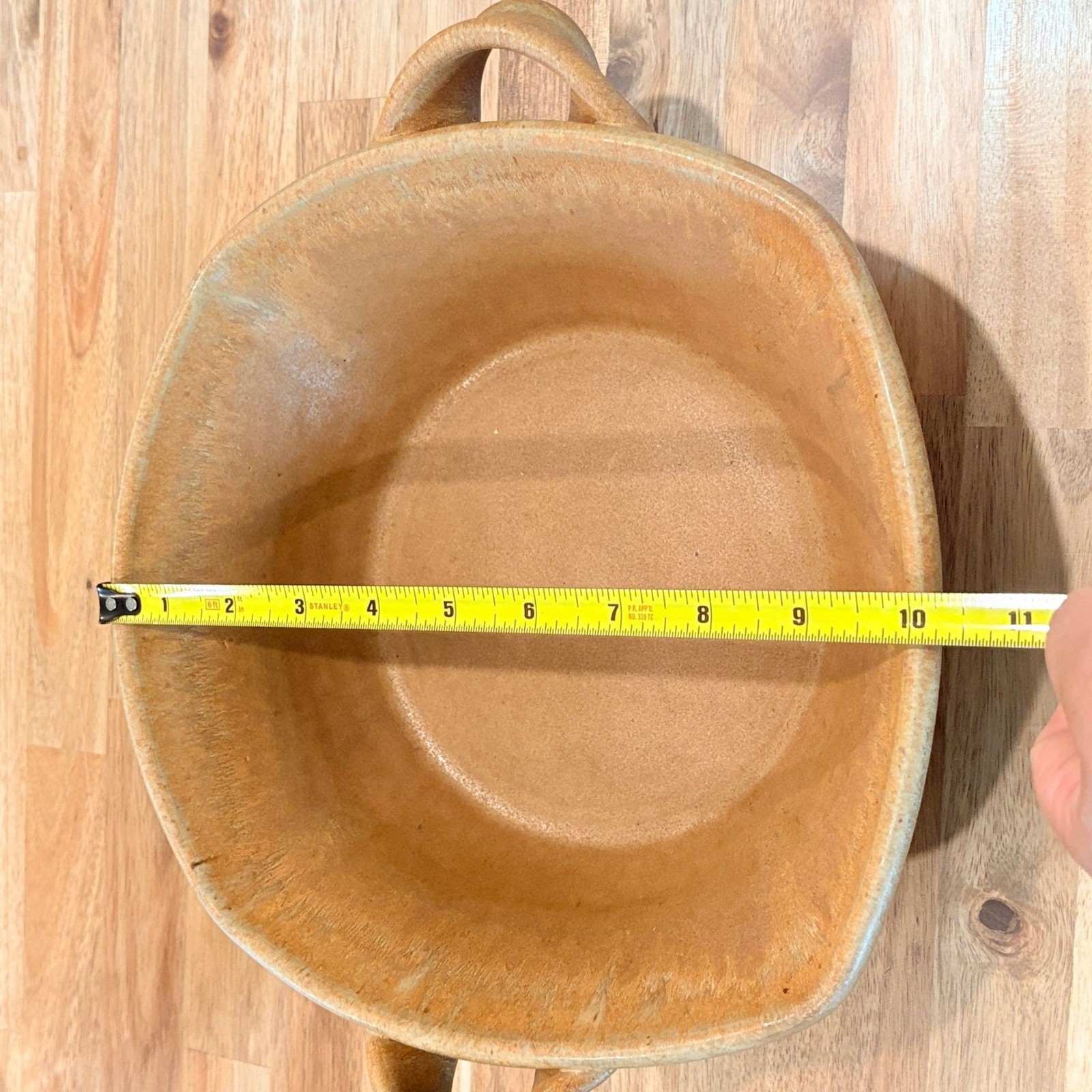 Studio Pottery 12″ Bowl w/ Handles Rustic Brown Stoneware Signed Unique