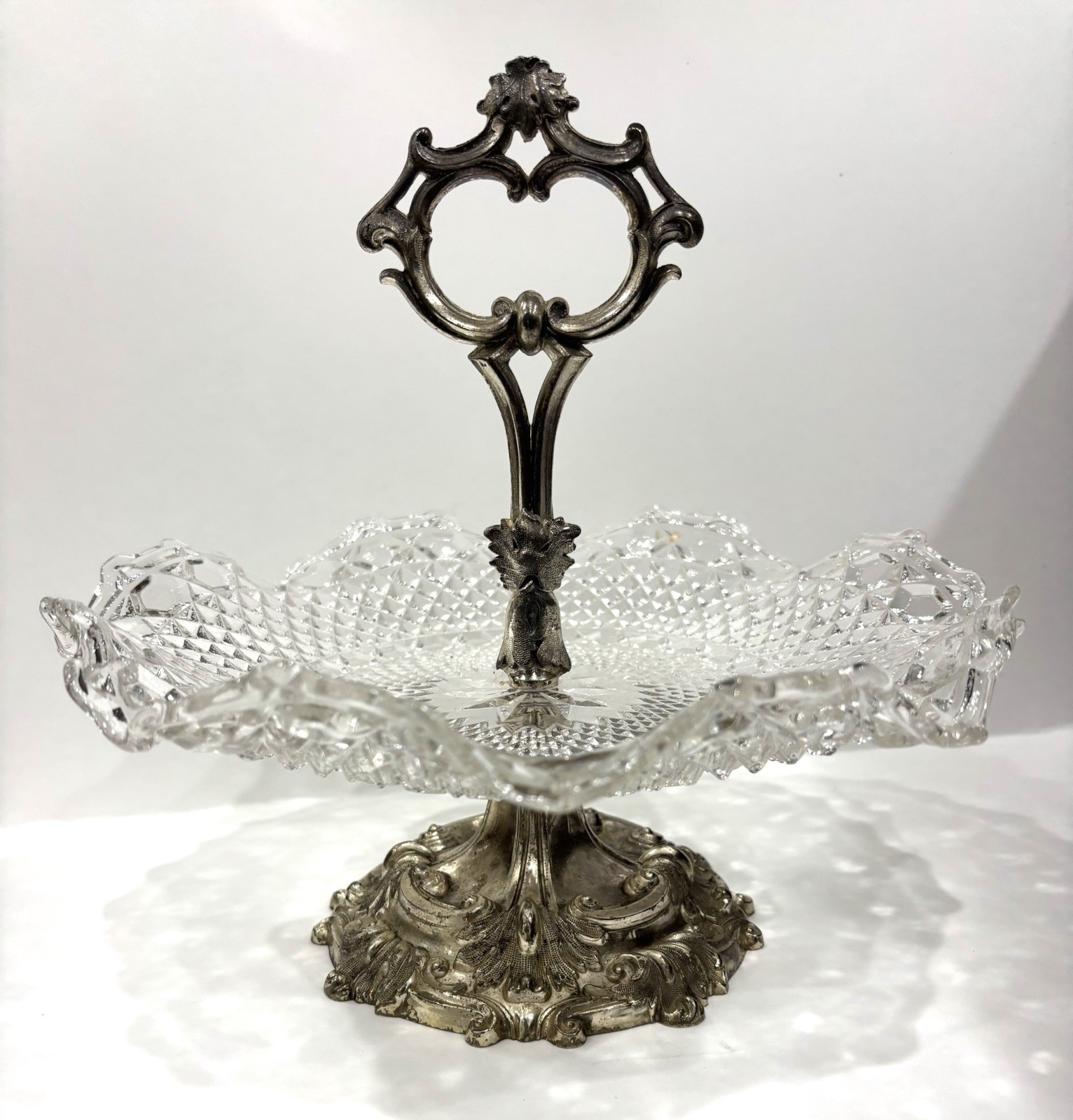 Vintage Bell Mark Silverplate Pressed Glass Pedestal Centerpiece Tidbit Dish
