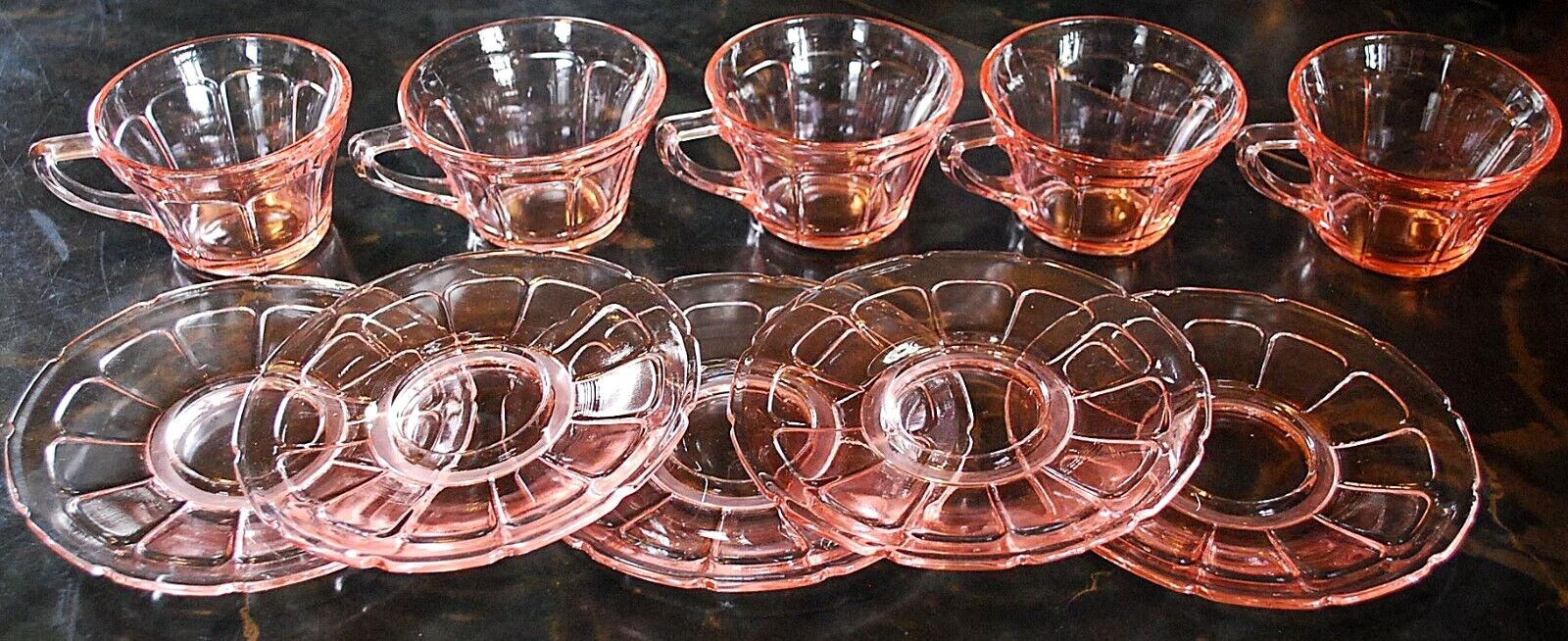 Vtg Set 5 ‘VICTORY’ PINK DEPRESSION GLASS Cups/Matching Saucers c1930 By Diamond