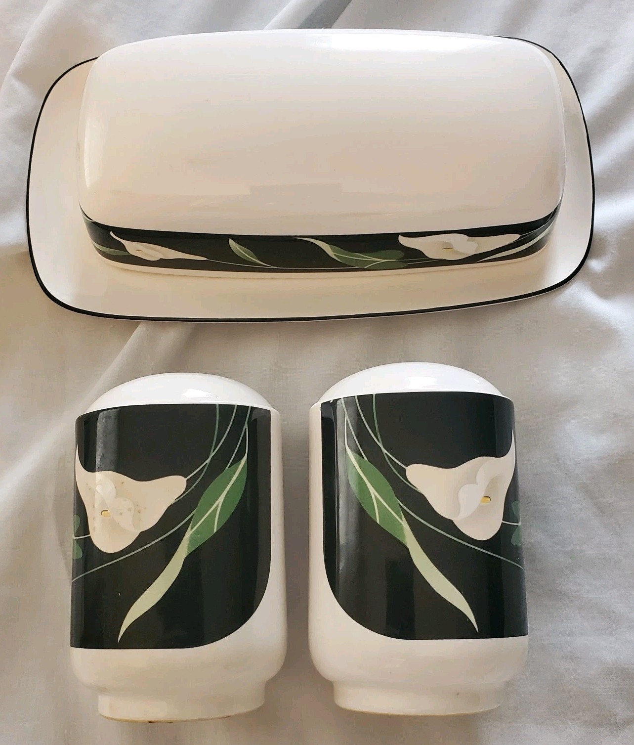 Sango Black Lilies Quadrille Covered Butter Salt Pepper Set 1984-1994 Scarce Lot