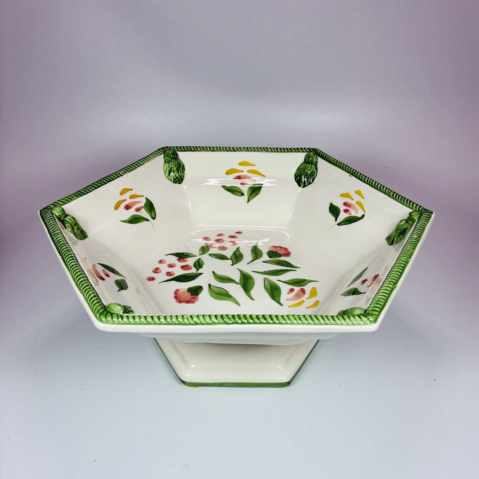Vintage Italian 10” Pedestal Compote By Nora Fenton Floral Ceramic Hexagon