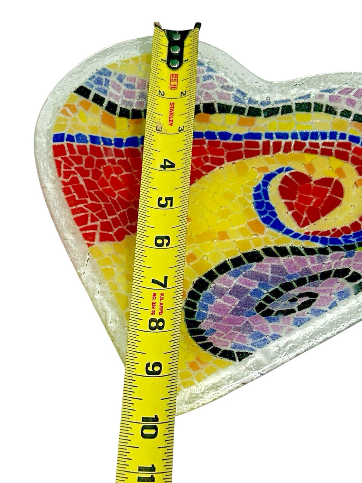 Peggy Karr 10″ It Starts at the Heart Tray Fused Art glass Signed 2004 Mosaic US
