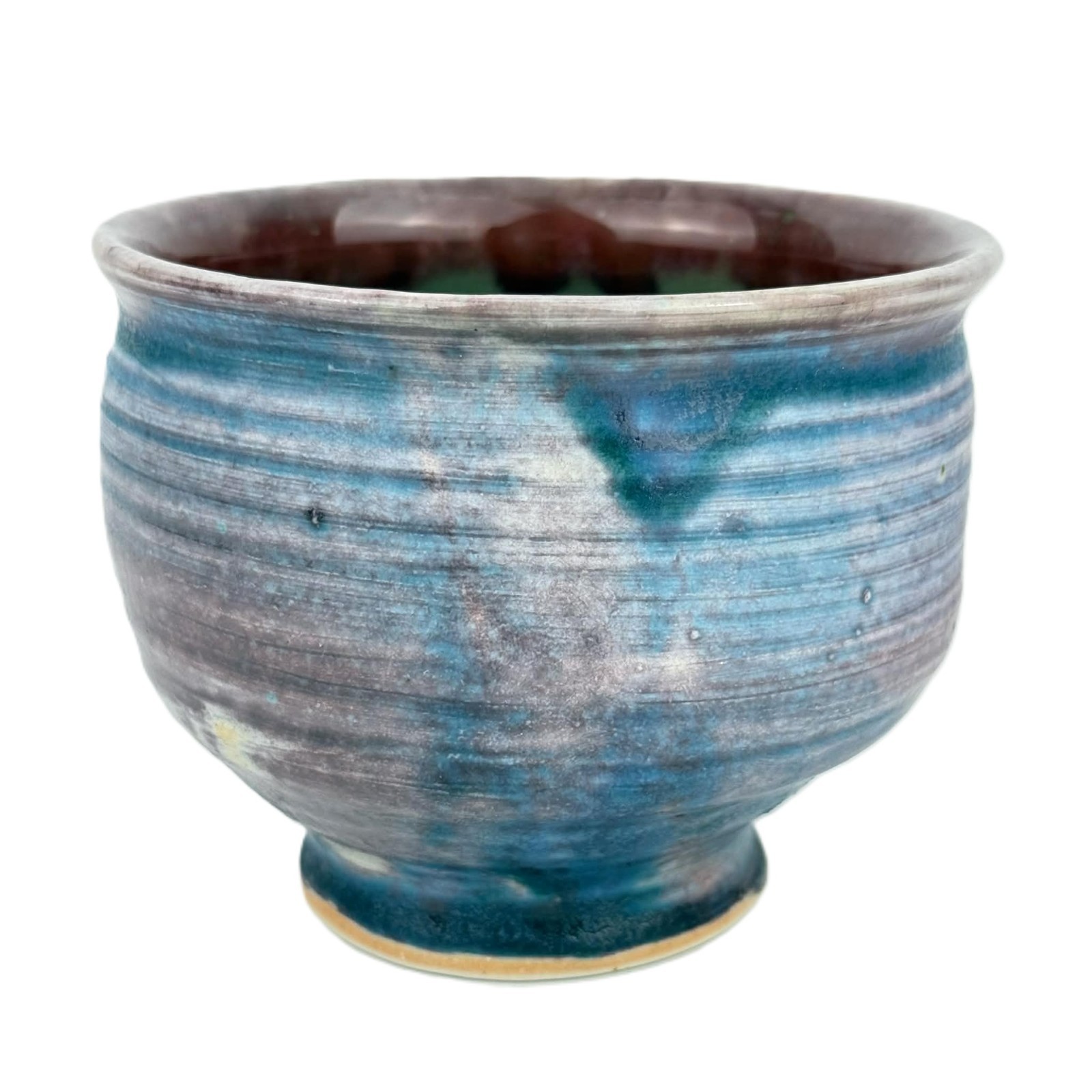 Studio Pottery Stoneware Bowl Art Decor 4.25” Artist Made Blue Violet Drip Glaze