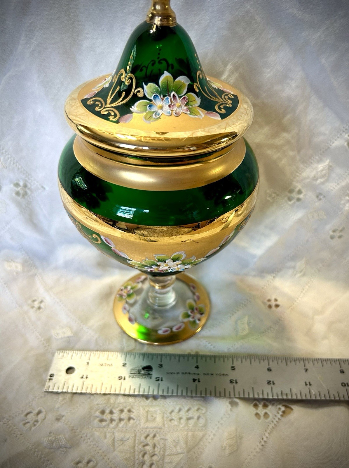 Vintage Seyei Victorian Glass Gold Trim Pedestal Bowl with Lid Made In Japan