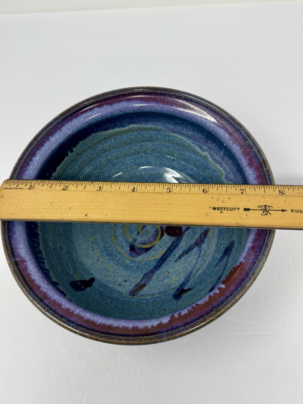Vintage Studio Pottery Bowl Blue Purple Drip Glaze Handmade Ceramic Signed 7.75”