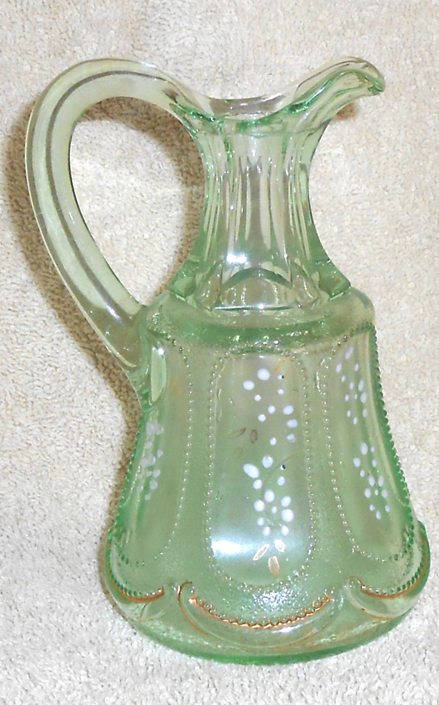 EAPG DUGAN “BEADED OVALS SAND PATTERN” CRUET APPLE GREEN c1905-1909 – NO STOPPER