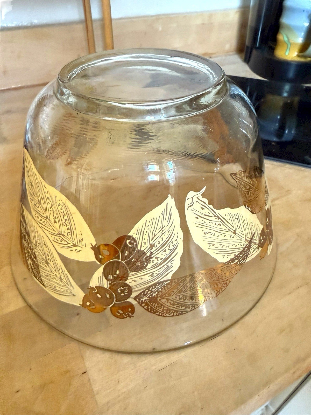 Vintage MCM Glass Snack Bowl Anchor Hocking Retro Gold Painted Fruit and Leaves