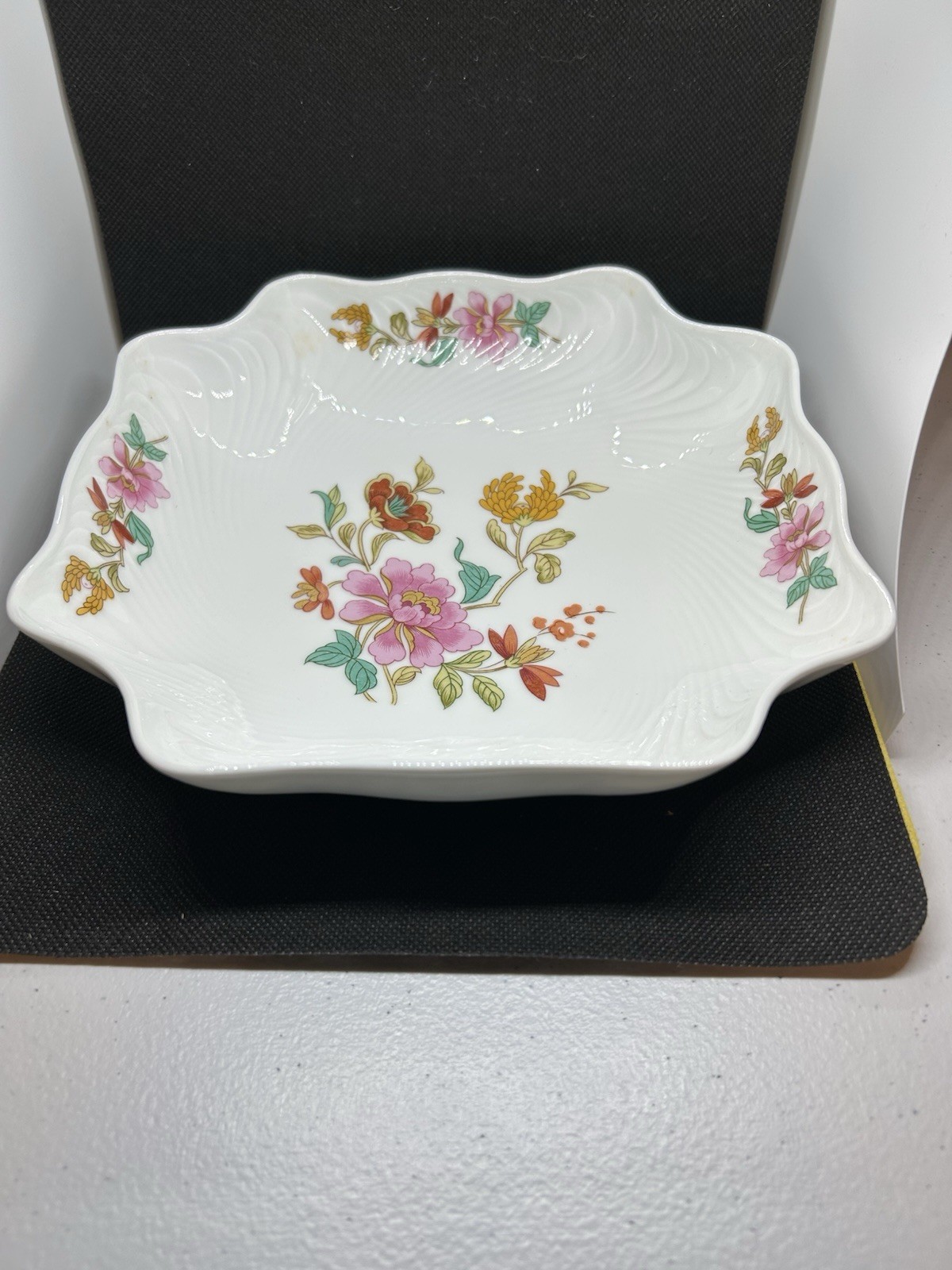 Limoges France Floral Porcelain Square Bowl White Pink Green Gold Glossy