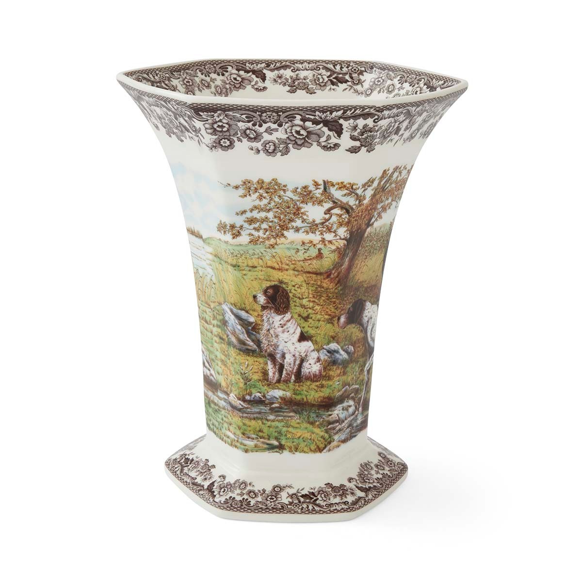 Spode Woodland Woodland Hexagonal Vase, Hunting Dogs—–5836—–