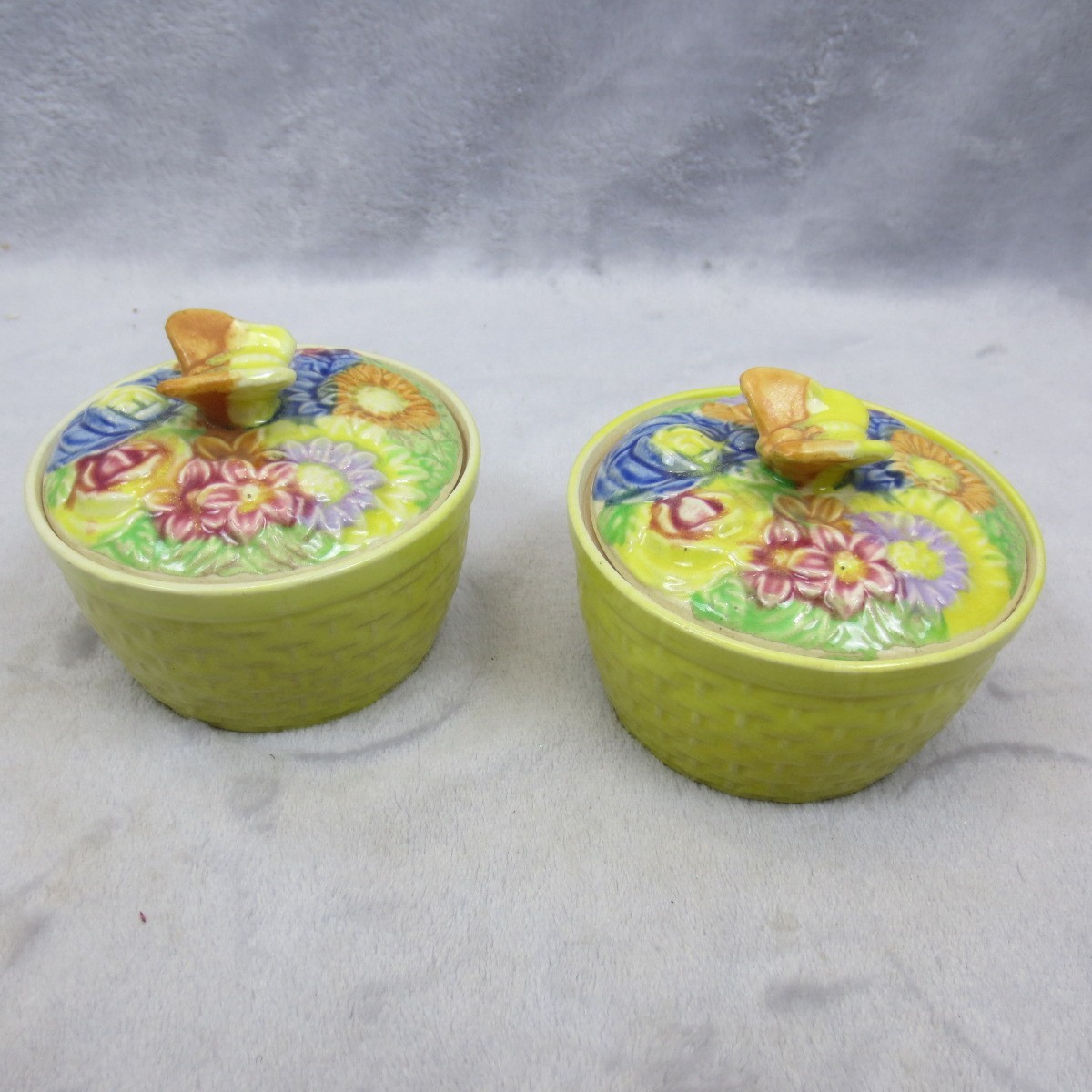 Pair Butterfly Flowers Covered Candy Trinket Dish Japan Majolica Hand Painted