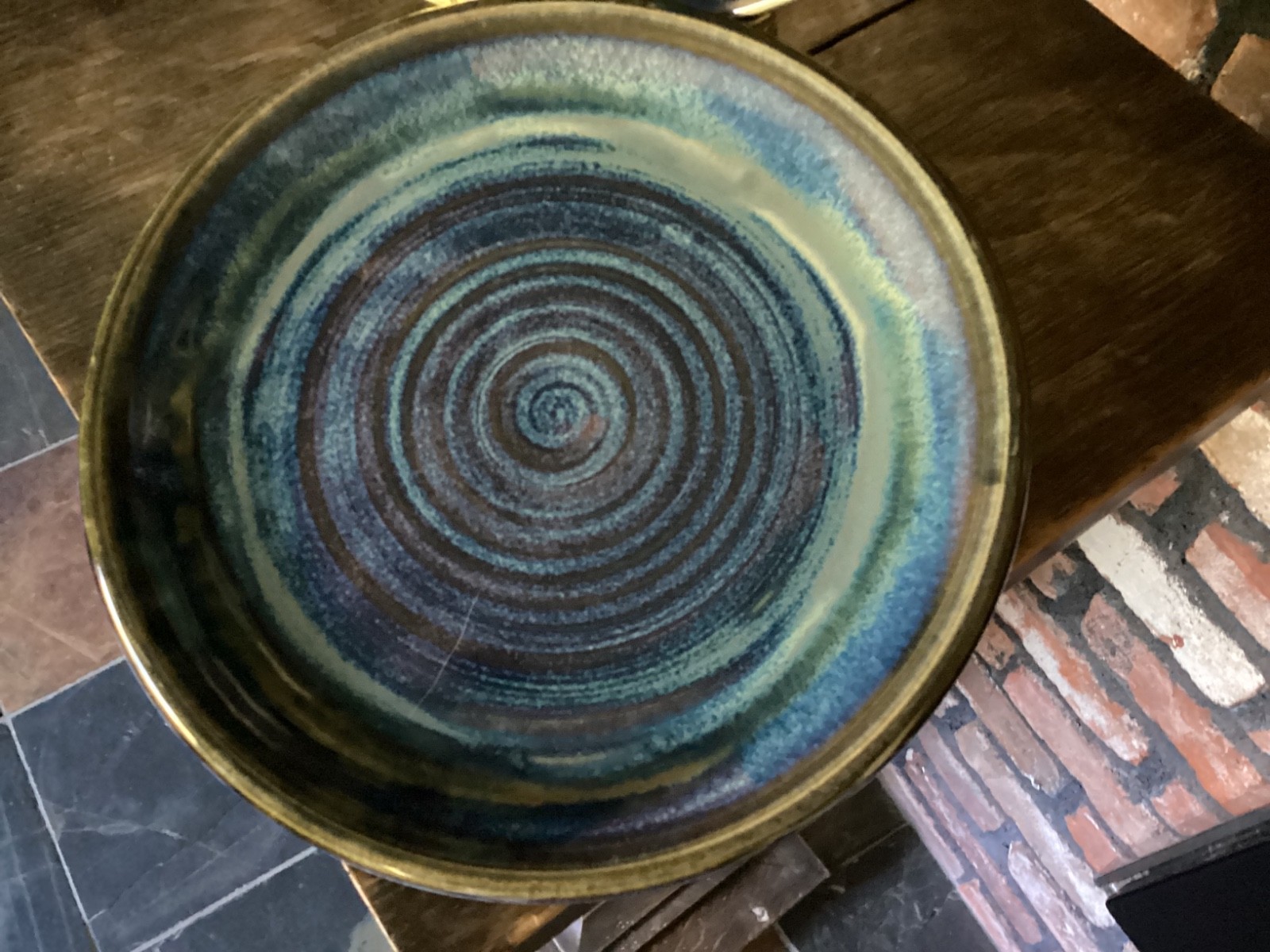 Greg Olson Pottery Stoneware Handmade TWO Plates Blue Swirl 7 and 1/2 inches