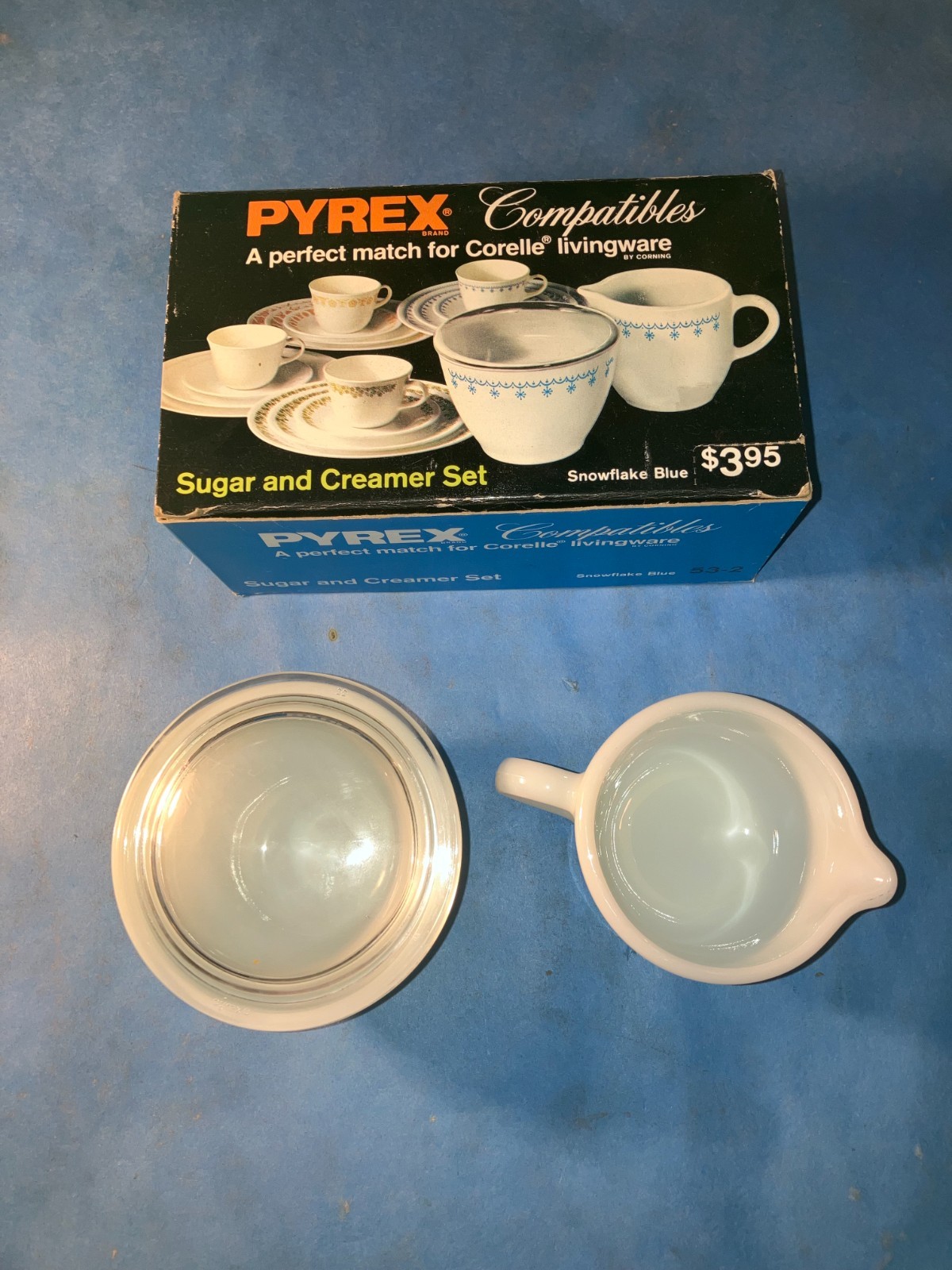 Pyrex Sugar Bowl and Creamer Set Snowflake Blue, with Lid and Box