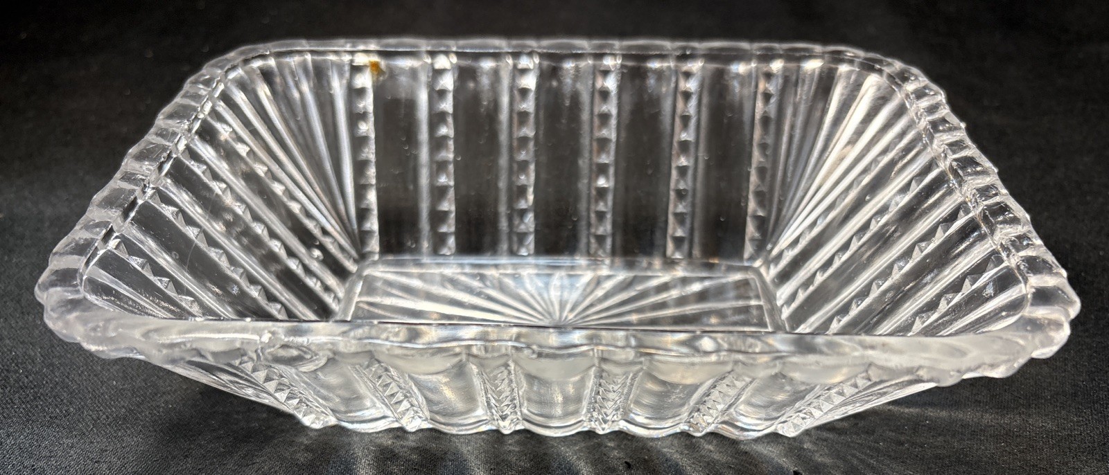 Antique Early 1900’S Pressed Glass Candy Dish Sunburst Clear 7”X5”Rectangular
