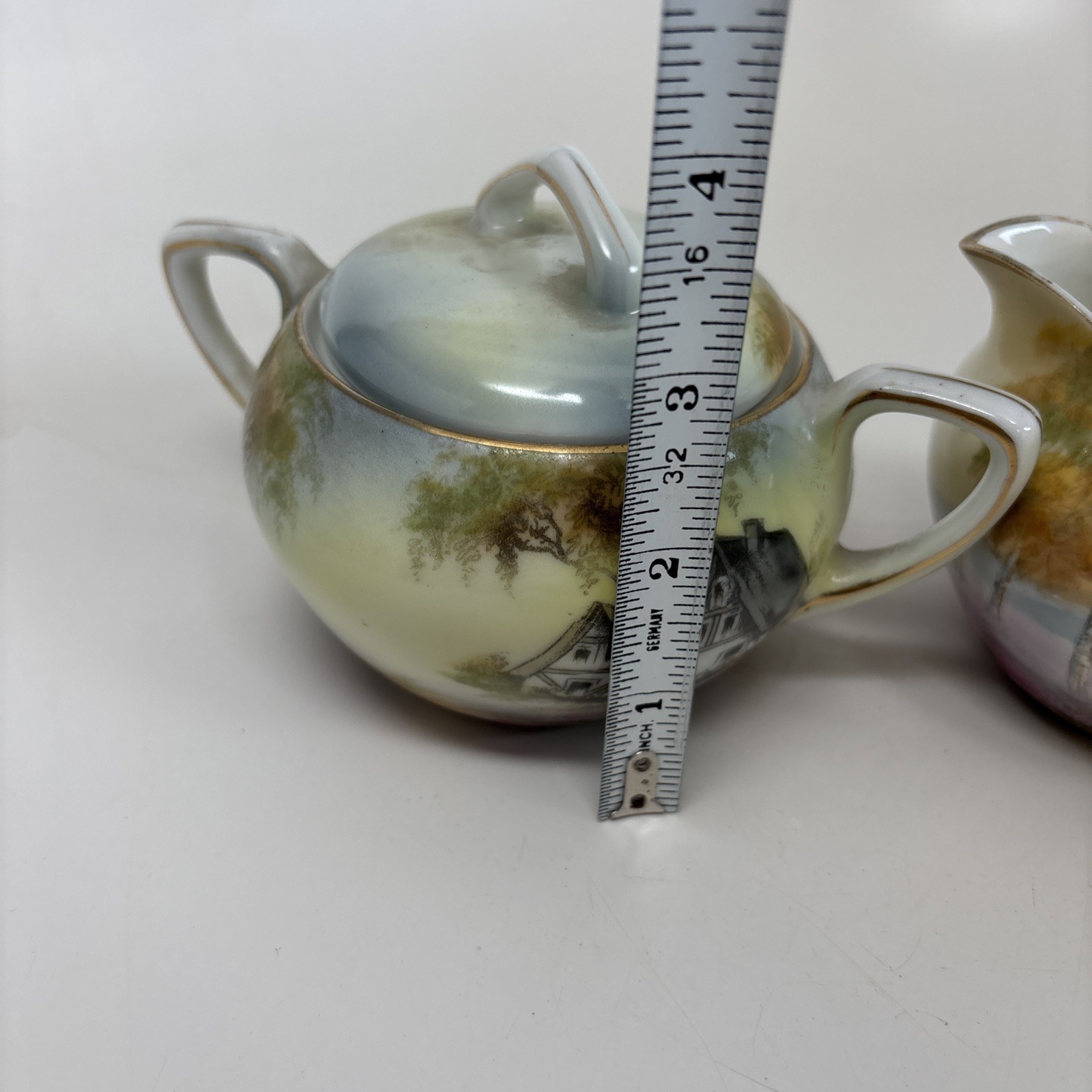 Antique RS Prussia Rare Sugar Creamer Cottage Barn Motif