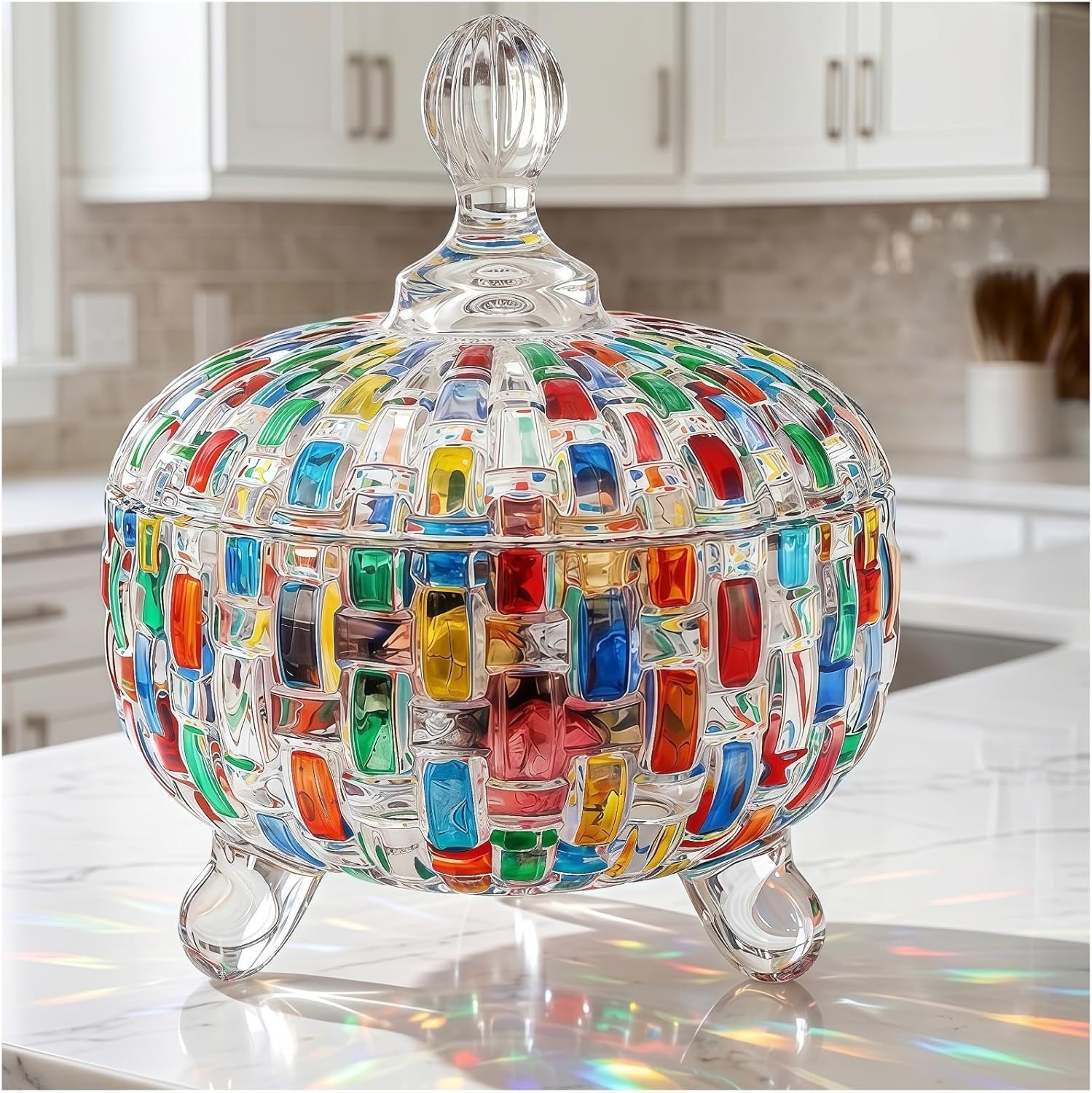 24 OZ Large Glass Candy Dish with Lid, Vintage Colorful Crystal Candy Bowl, D…
