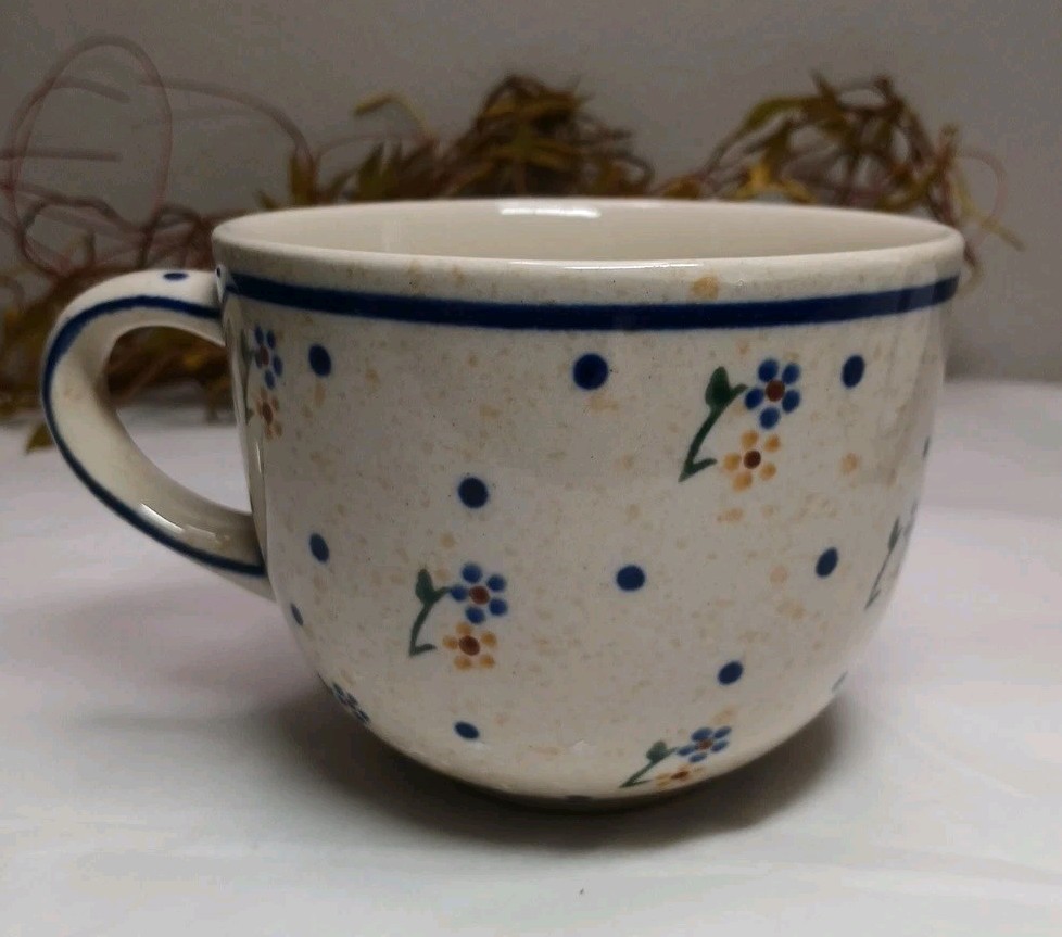 Boleslawiec Polish Pottery Mug Cup Daisy Blue Flower Pattern Beige Replacement