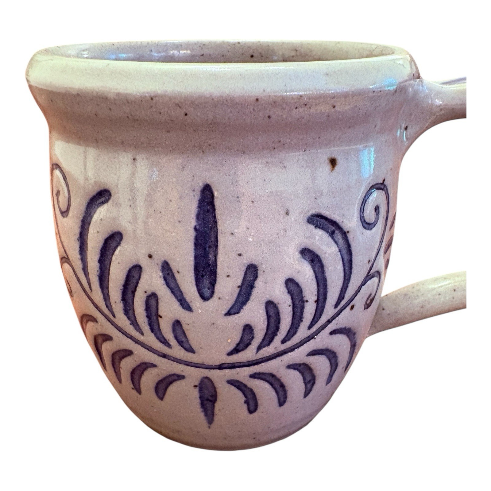 Signed Studio Art Pottery Salt Glazed Mug With Applied Handle *See Ding picture