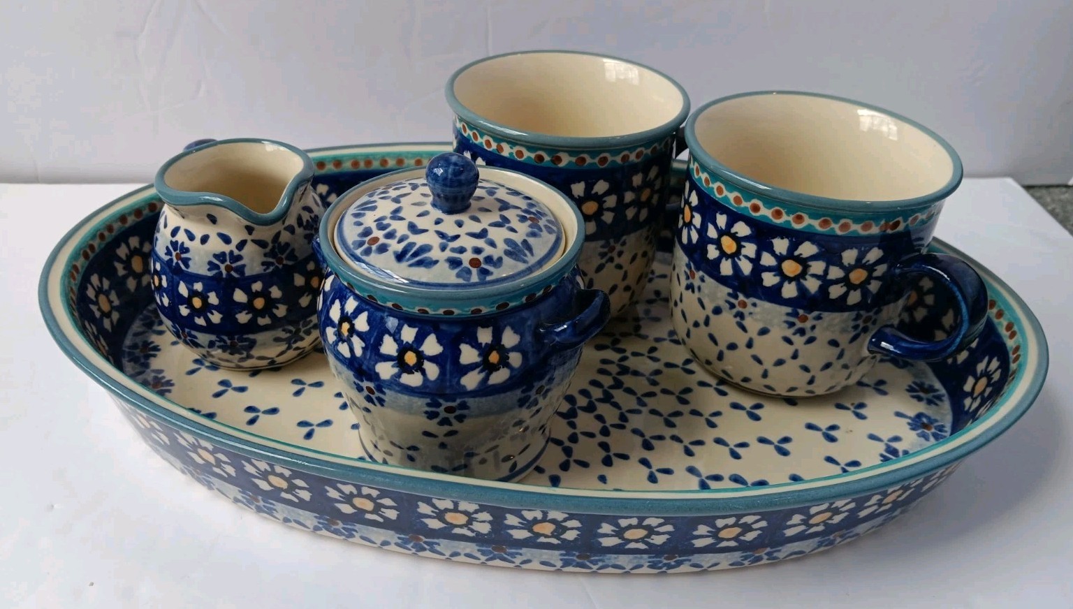 Polish Pottery Tea/Coffee Set, Tray, 2 Mugs/Cups, Creamer, Sugar Bowl W/ Lid