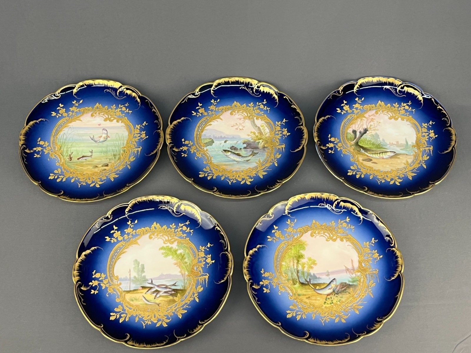 5 Haviland & Co. Hand-Painted 8 ½” Bleu de Four Gilt Fish Plates c. 1876-1899