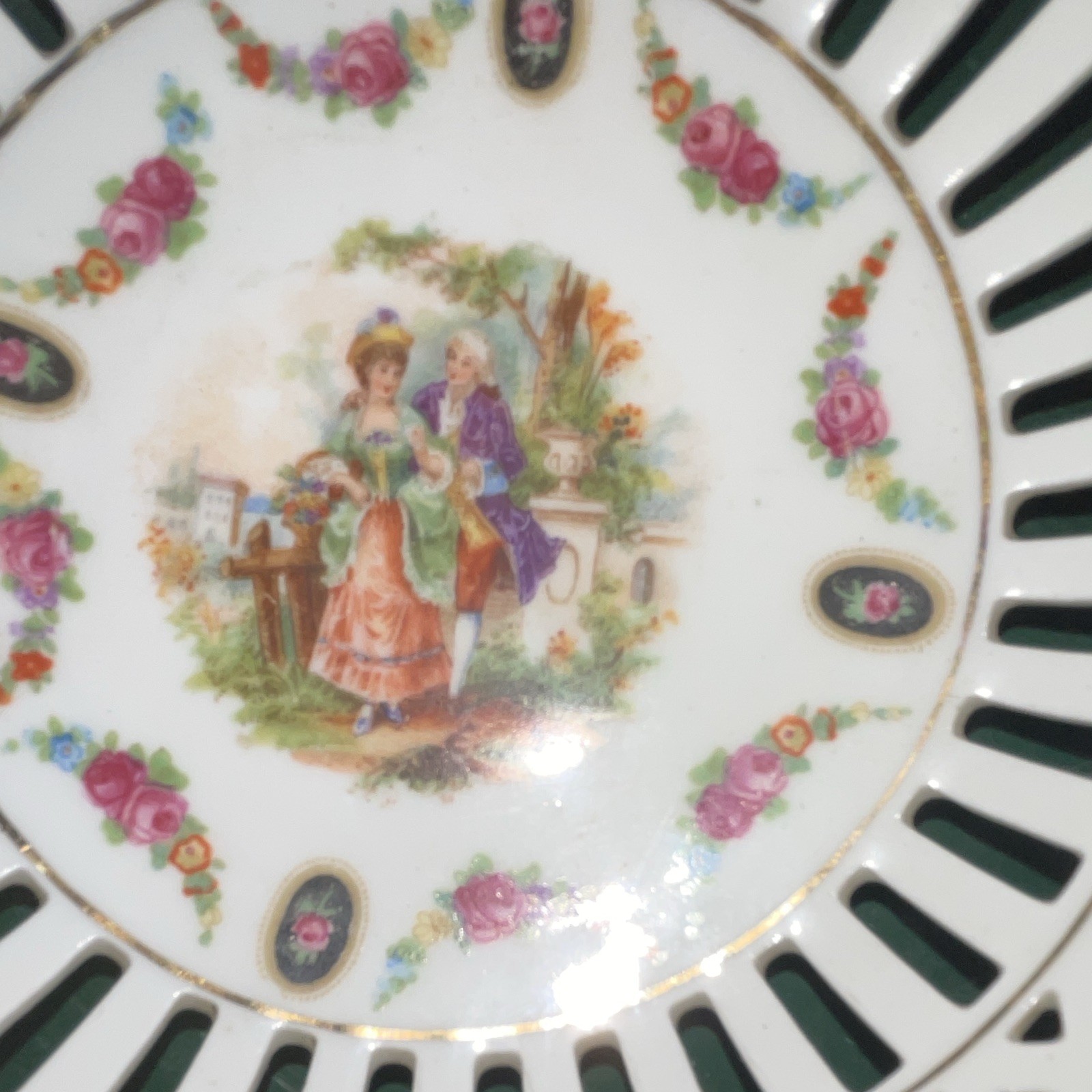 VTG German Porcelain Decorative Bowl Pierced Lattice Rim Floral Scene 5 in