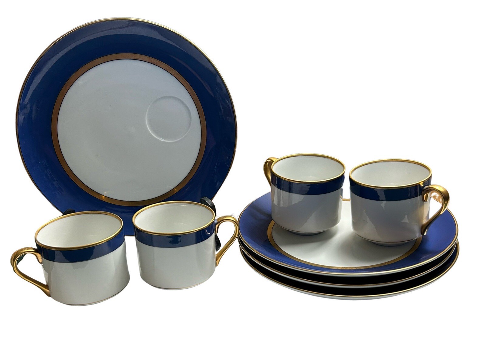 Yokohama MotoMachi Luncheon Plates & Tea Cups 4 Sets Blue Gold 12 Pieces EUC