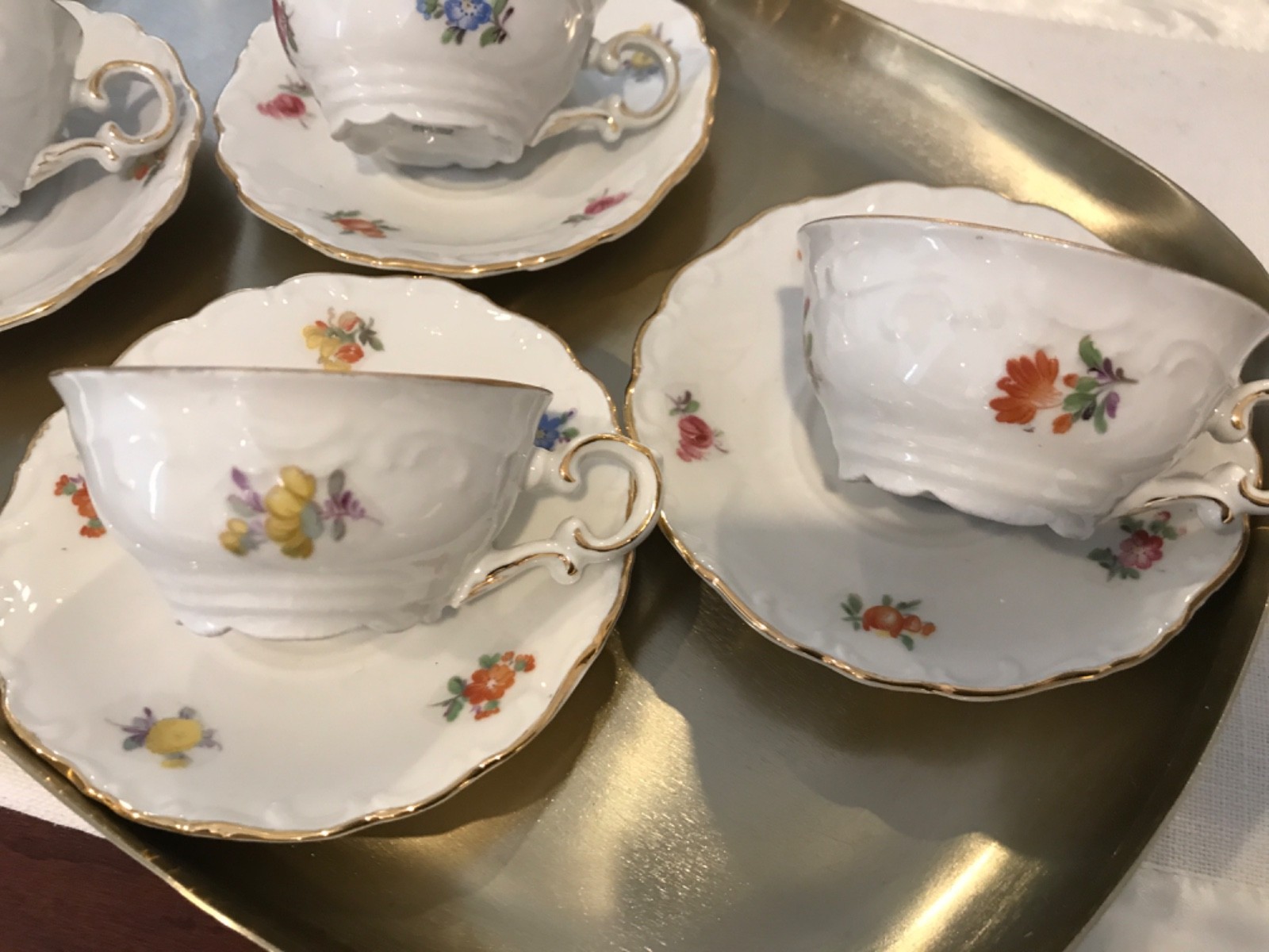 VTG Mitterteich Bavaria Meissen Floral Teacup & Saucer, Set of 4, Gold trim EUC