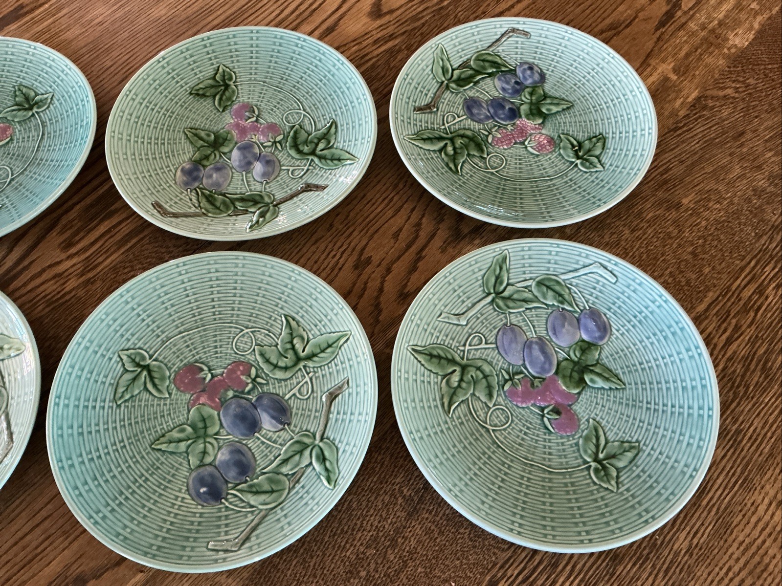 Set Of SIX Majolica Plates Teal Aqua Raspberry Plumb 2230 B Germany Weave 7.75”