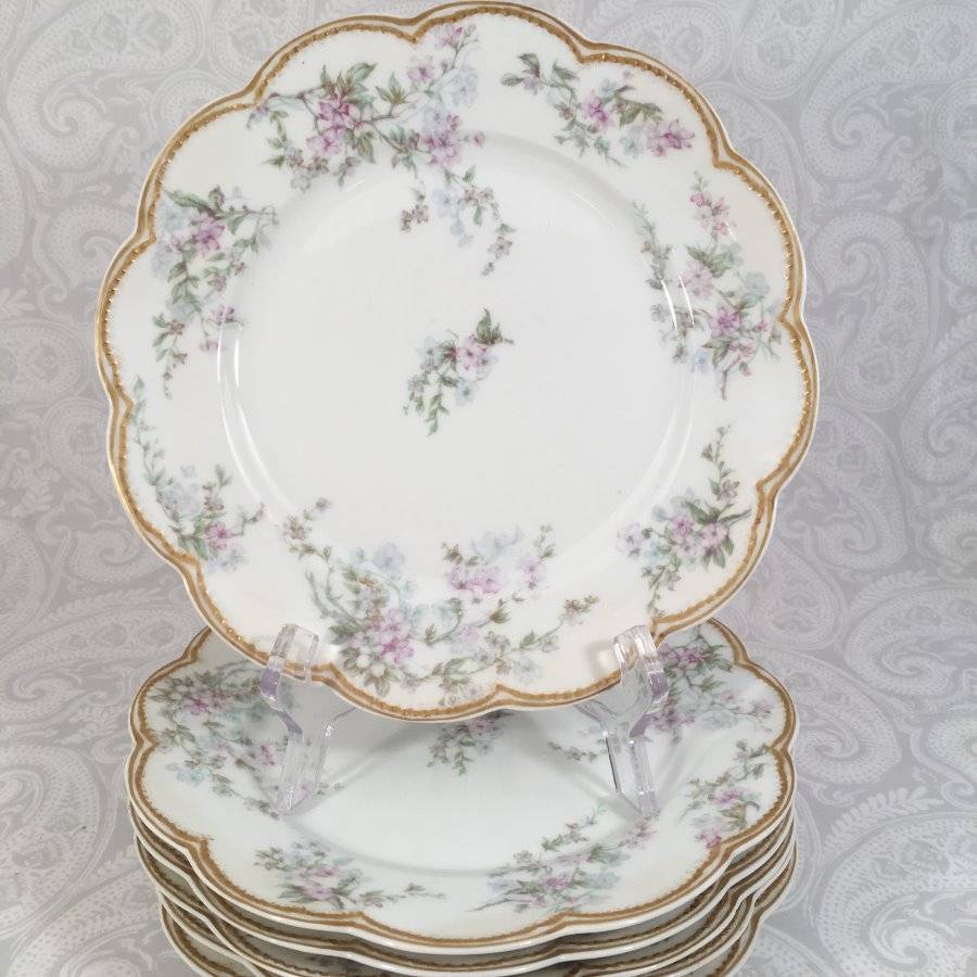 Vtg Set 6 Haviland Limoges Scalloped 8.25″ Floral Luncheon Plates Double Gold