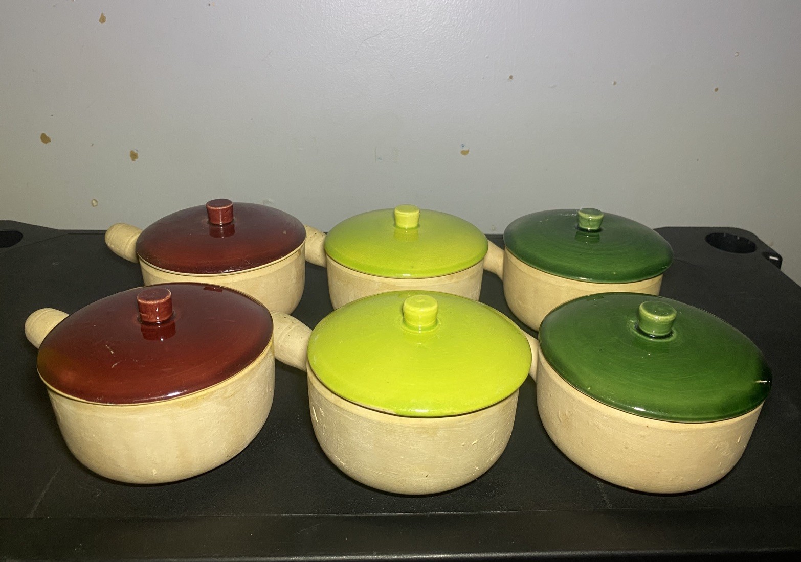 (6) Six La Solana Soup Pot Bowl with Handle and Lid Set Vintage USA pottery