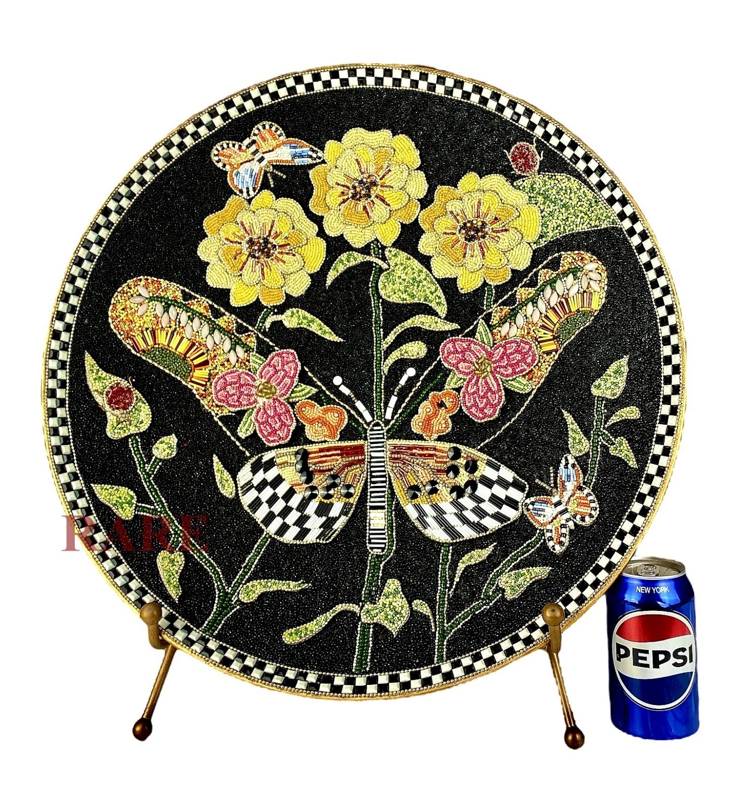 MacKenzie Childs Courtly Check Butterfly Bloom Décor 20.5″ Dia Tray New No Box