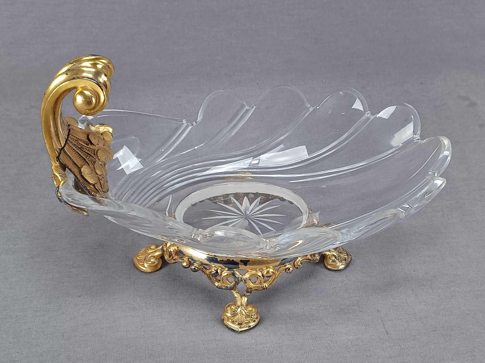 Antique French Cut Glass & Gilt Ormolu Neoclassical Shell Bowl Circa 1820s-1840s