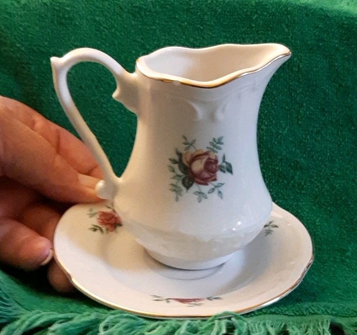 WTOCTAWEK CHINA Made In POLAND FLORAL ROSE 3½” Tall CREAMER AND SAUCER Vintage