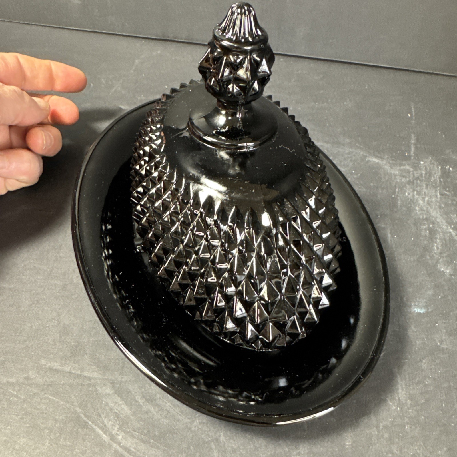 VINTAGE INDIAN BLACK AMETHYST GLASS, DIAMOND CUT, VAL COVERED BUTTER DISH