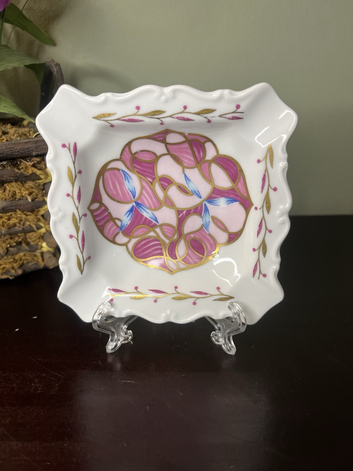 Vintage Depose Limoges France Porcelain Square Candy Dish Pink Gold Art Nouveau