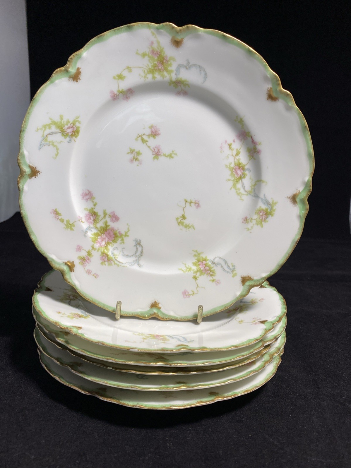 Haviland Schleiger 57H 6 Bread Plates 6 1/8″ Limoges Pink Roses Blue Ribbons @2