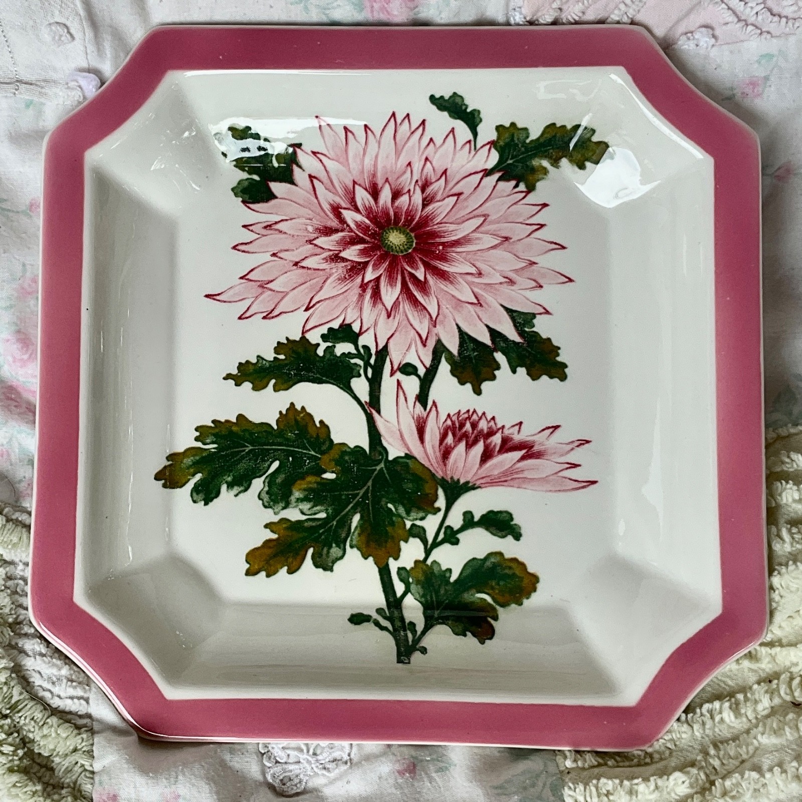 Vintage Original LJ Genuine Ironstone Ware Square Pink Chrysanthemum Floral 8″ P