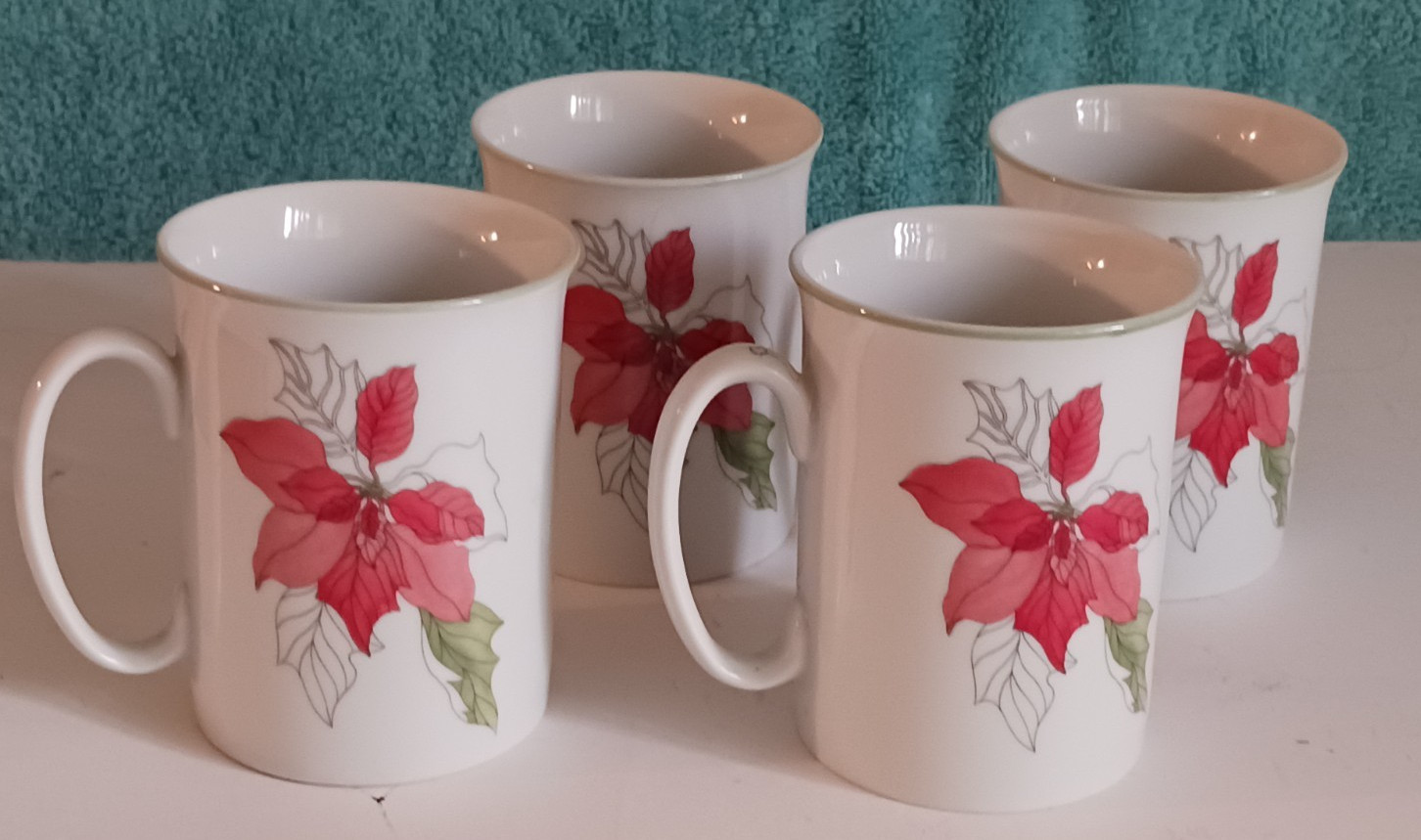 Block Poinsettia Spal Set 4 Mugs 1982 Signed Flat Base C-Handle Totally Clean #1