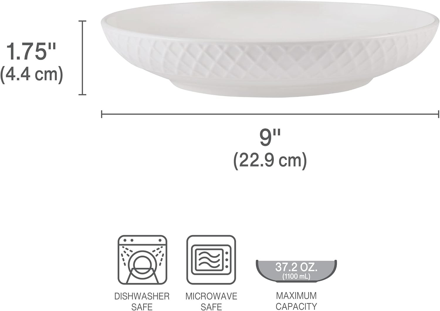 Trellis Bone China 9-Inch Pasta Bowls Set of 4, Lightweight, Chip-Resistant Whit
