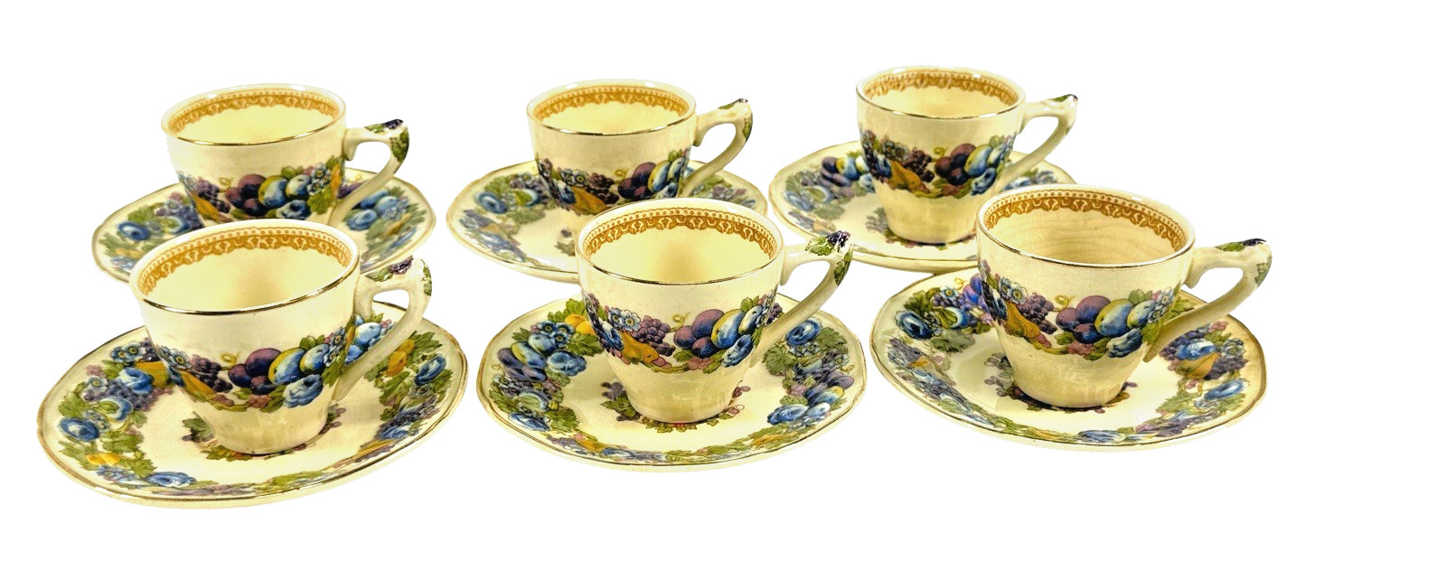 Vintage Crown Ducal Florentine Tea Set of 6 Cups & Saucers Made in England 1954